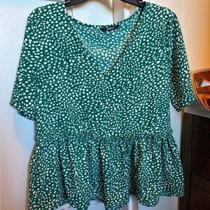 SHEIN Green & White Dalmatian Print Peplum Blouse